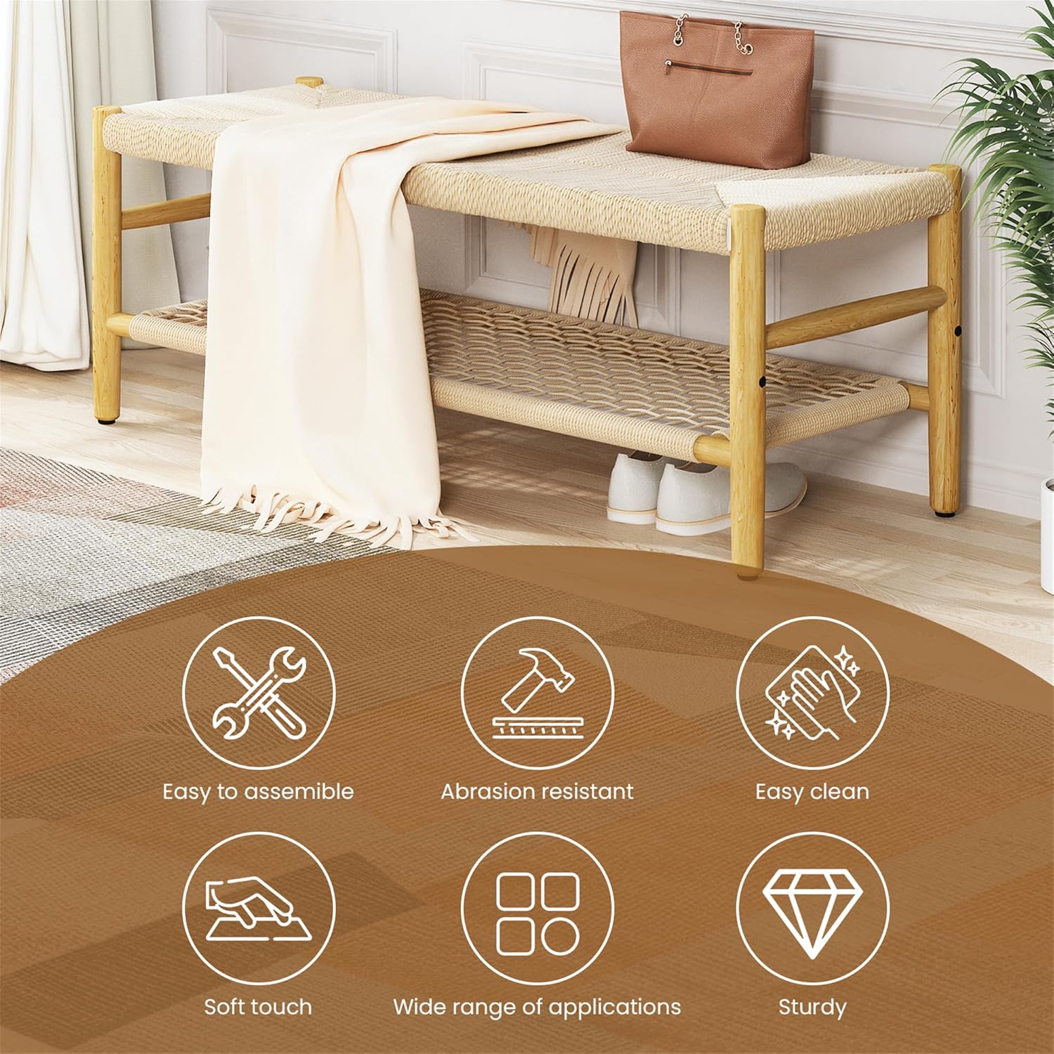 LinkRomat Wicker Bench Indoor Entryway Bench with Paper Cord Ottoman & Grid Storage Rack, Mid-Century Long Chair with Wood Legs for Room Channel