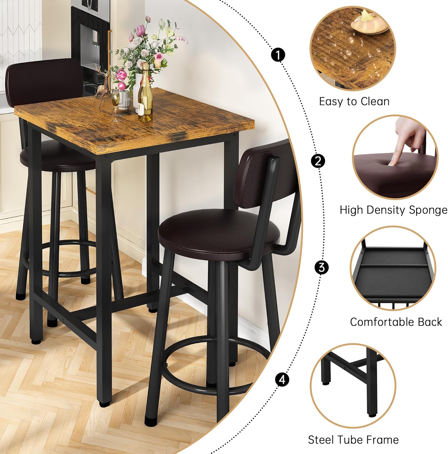 3 Piece Pub Dining Set, 24" Dining Table Set with 2 PU Leather Upholstered Stools, Square Small Space Kitchen Table Pub Set for Apartment Dining Room, Living Room