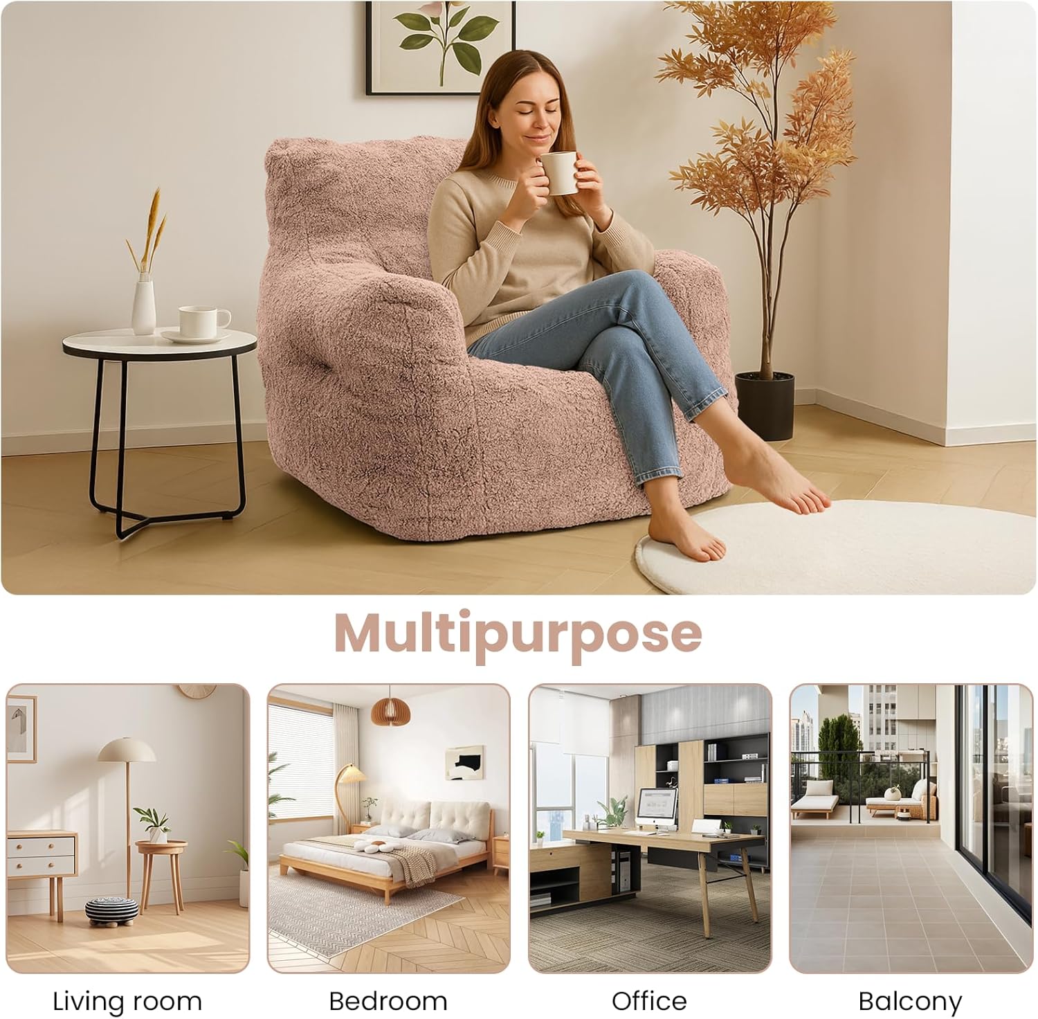 LinkRomat Bean Bag Chair, Bean Bag Sofa with Tufted Soft Stuffed Filling, Fluffy and Lazy Sofa with Premium Memory Foam Filler for Living Room, Bedroom, Dorm