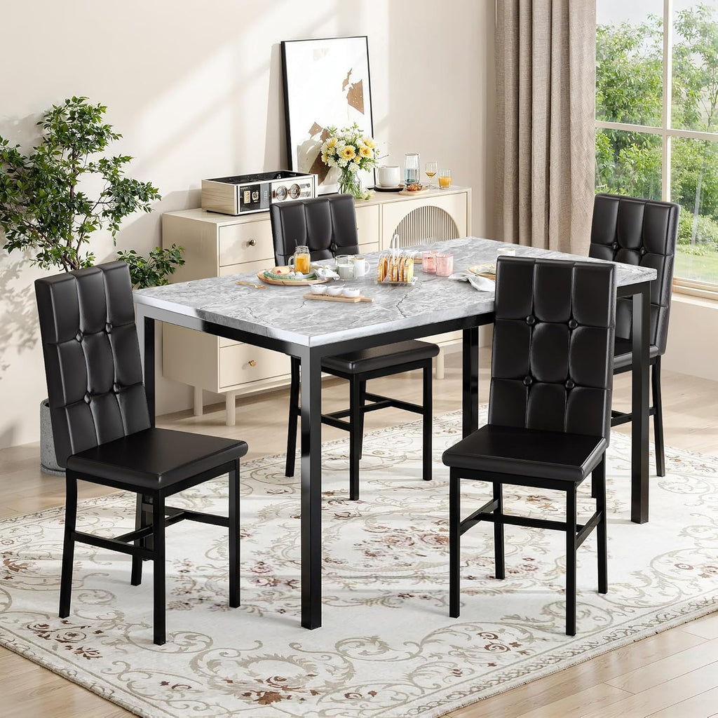 LinkRomat Modern Dining Table Set, Grey Faux Marble Rectangular Table Set and 4 Black PU Cushion Chairs, Dining Room Home Furniture for Small Space