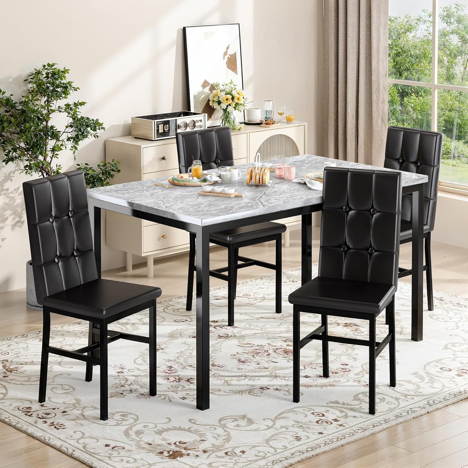 LinkRomat Modern Dining Table Set, Grey Faux Marble Rectangular Table Set and 4 Black PU Cushion Chairs, Dining Room Home Furniture for Small Space