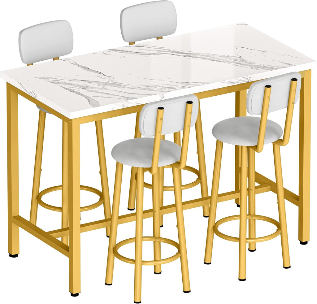 LinkRomat Modern Dining Table Set for 4,Artificial Marble Surface with 4 PU Cushioned Chairs,bar high table and chair sets,White