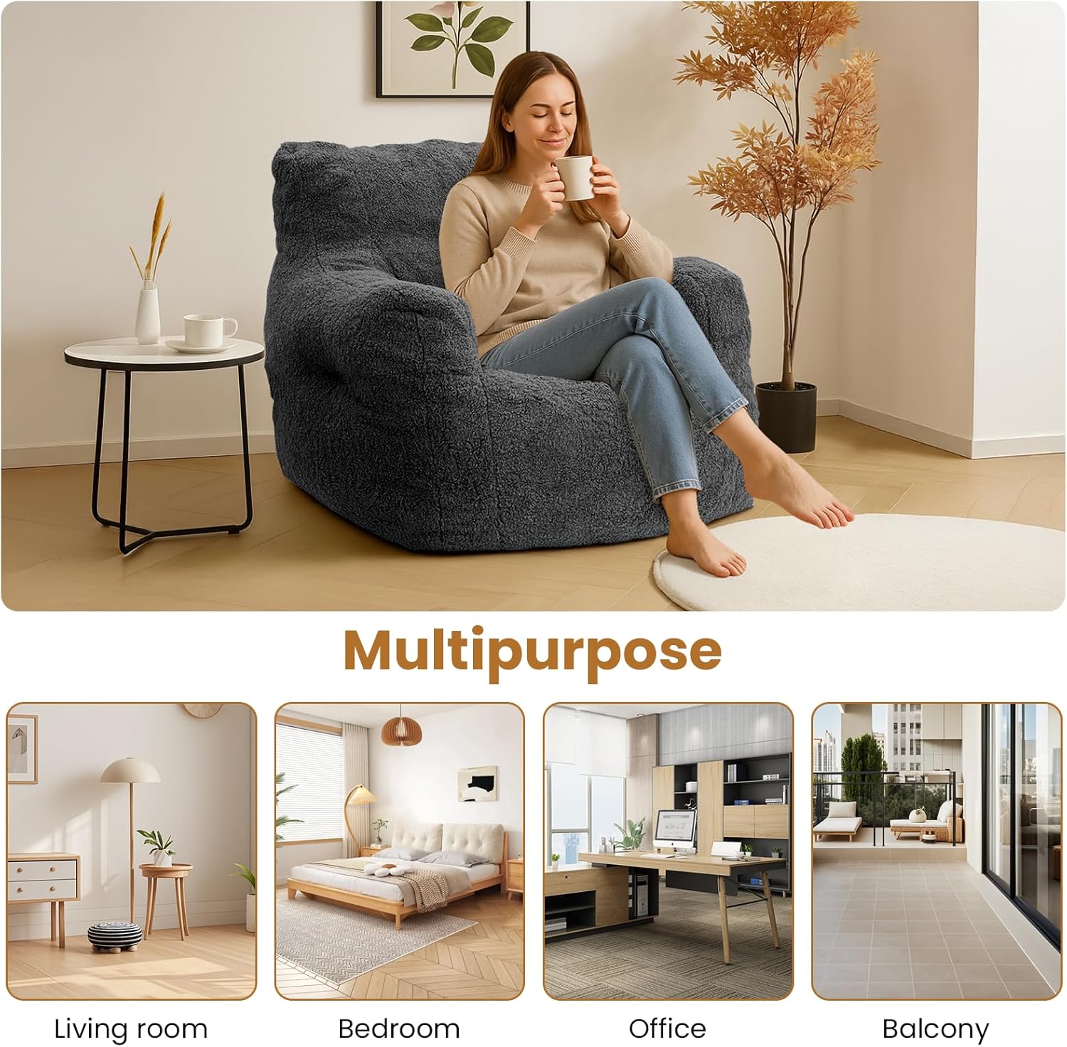 LinkRomat Bean Bag Chair, Bean Bag Sofa with Tufted Soft Stuffed Filling, Fluffy and Lazy Sofa with Premium Memory Foam Filler for Living Room, Bedroom, Dorm