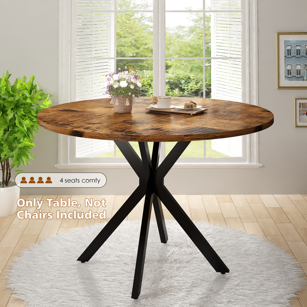 LinkRomat Mid-Century Round Kitchen Table, 39" Leisure Dining Table with 1.18" Thick Top & Black Metal Legs for 4–5 People, Walnut
