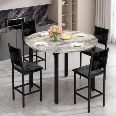LinkRomat Dining Table Set for 4,Round Kitchen Table Set with 4 Gray hand-woven velvet chairs for Kitchen Breakfast Nook Dining
