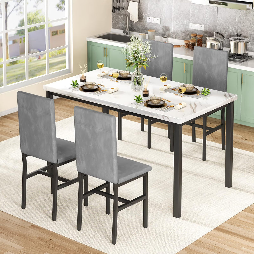 MOOSENG Small Dining Table Set for 4, 5 Pieces Dining Room Sets with Faux Marble Table & Velvet Chairs, Modern Kitchen Table Set with Chair for 4