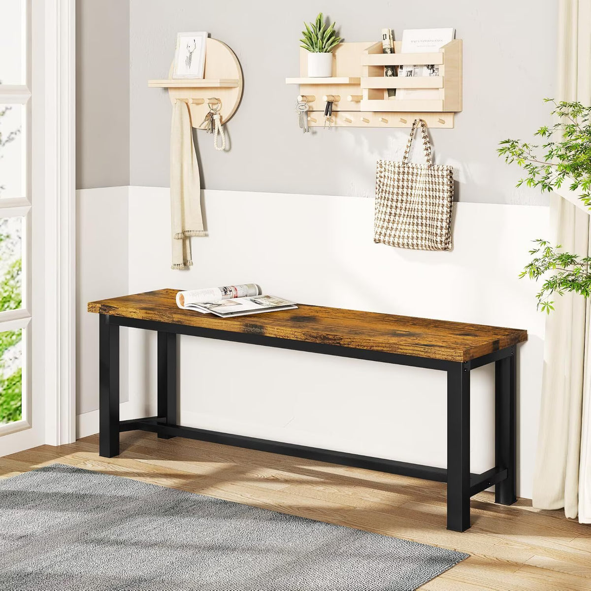 MOOSENG 2 Pack 39 Inch Industrial Dining Bench Set of 2 Black Kitchen Bench with Metal Legs Durable and Stable for Dining Room Living Room Bedroom Entryway