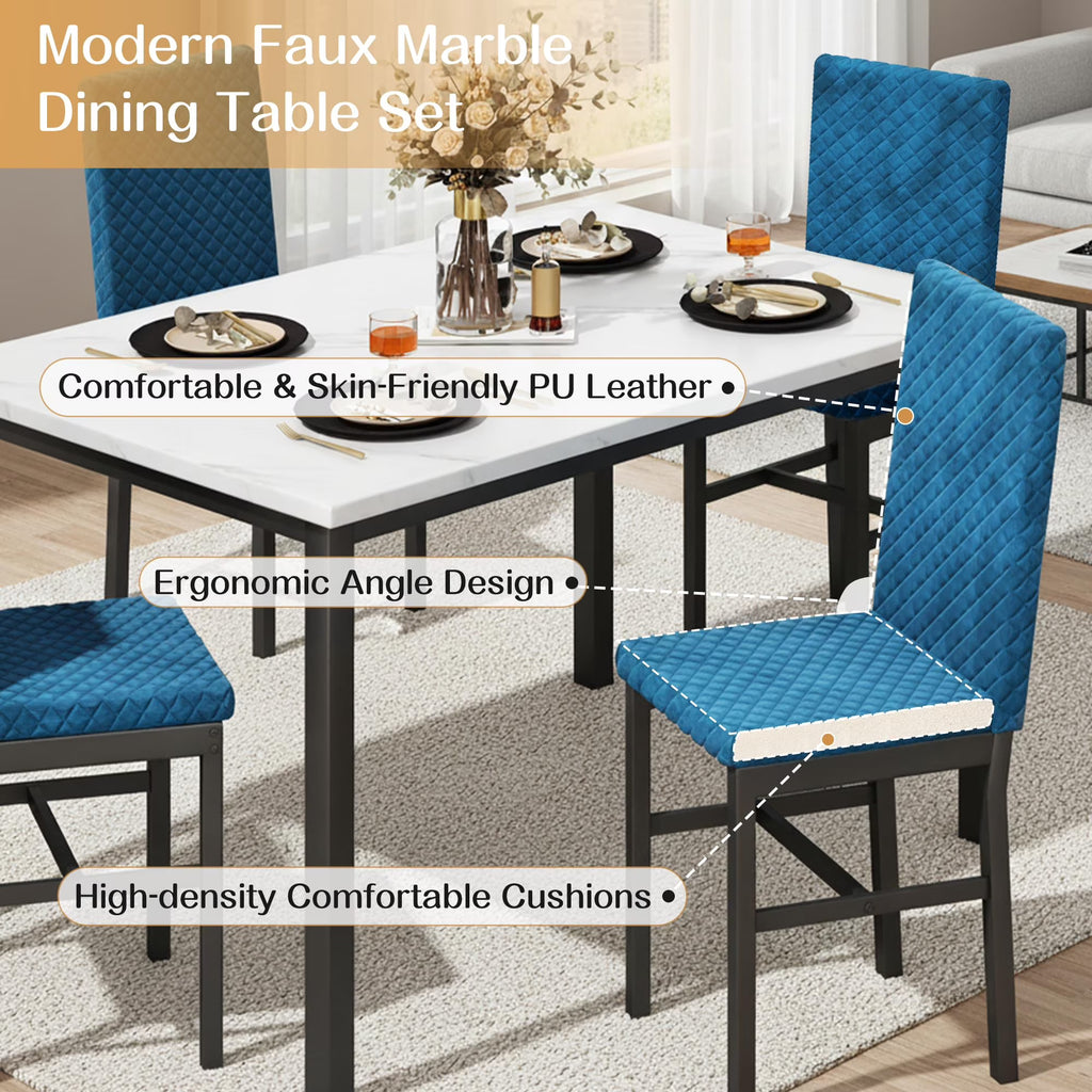 MOOSENG Small Dining Table Set for 4, 5 Pieces Dining Room Sets with Faux Marble Table & Velvet Chairs, Modern Kitchen Table Set with Chair for 4