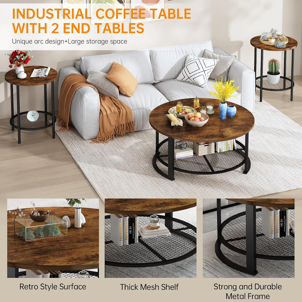 MOOSENG Coffee Table Set of 3, Industrial Vintage Wood Coffee Table with 2 Square End Side Tables, Easy Assembly Living Room Table Set for Offices, Living Rooms and Apartments