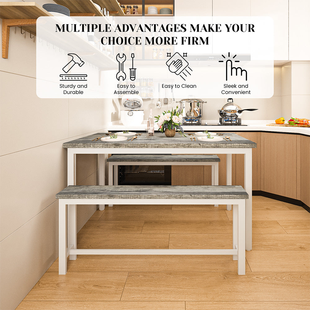LinkRomat 3 Piece Dining Room Table Set for 4, 47" Farmhouse Dining Table with Benches, Rectangular Kitchen Sets for Small Space, Apartment, Restaurant