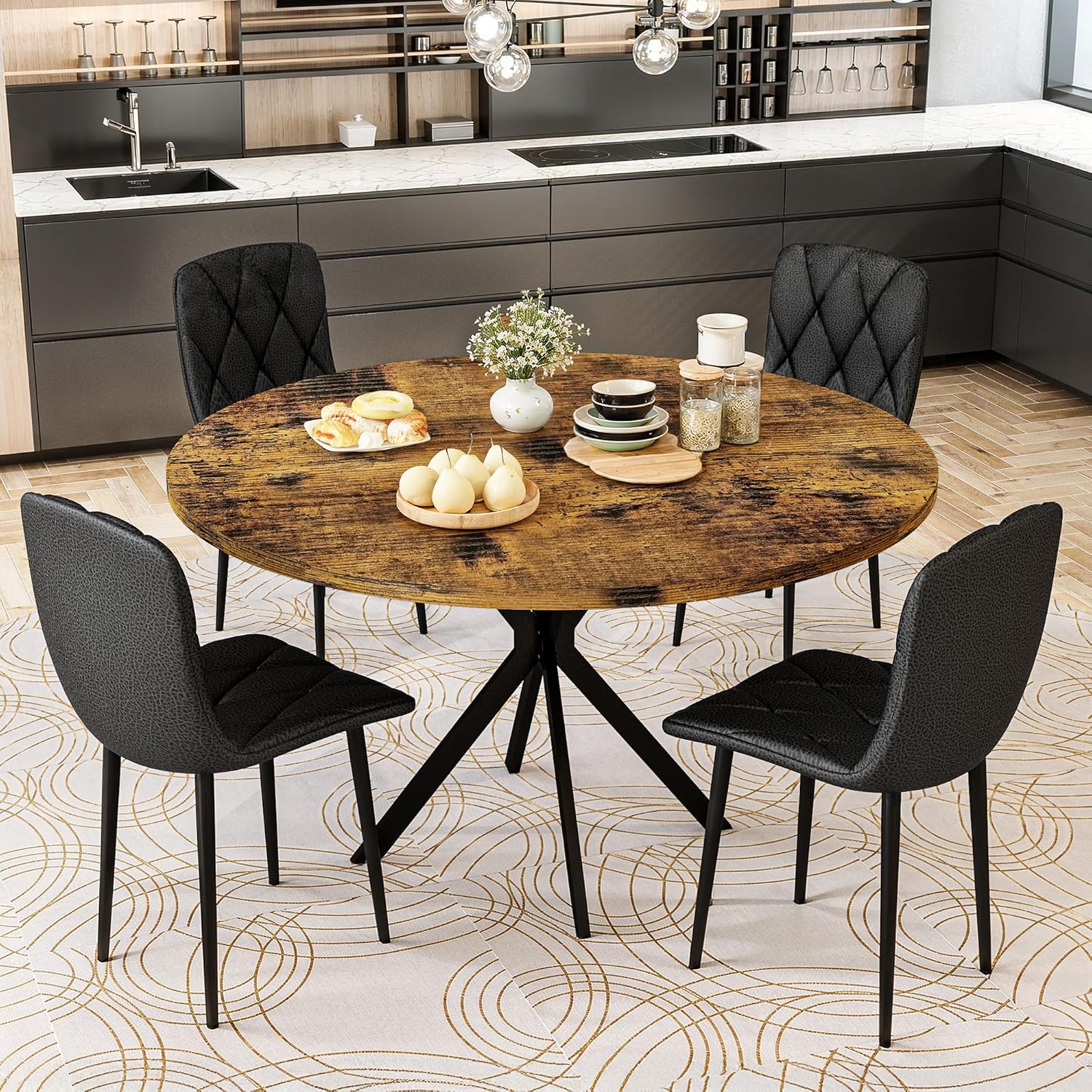 LinkRomat Round Kitchen Table and Chairs Set, 5-Piece Dining Room Table Set with Faux Marble Top & 4 Luxury Diamond Tufted Chairs, Used in Kitchens and Dining