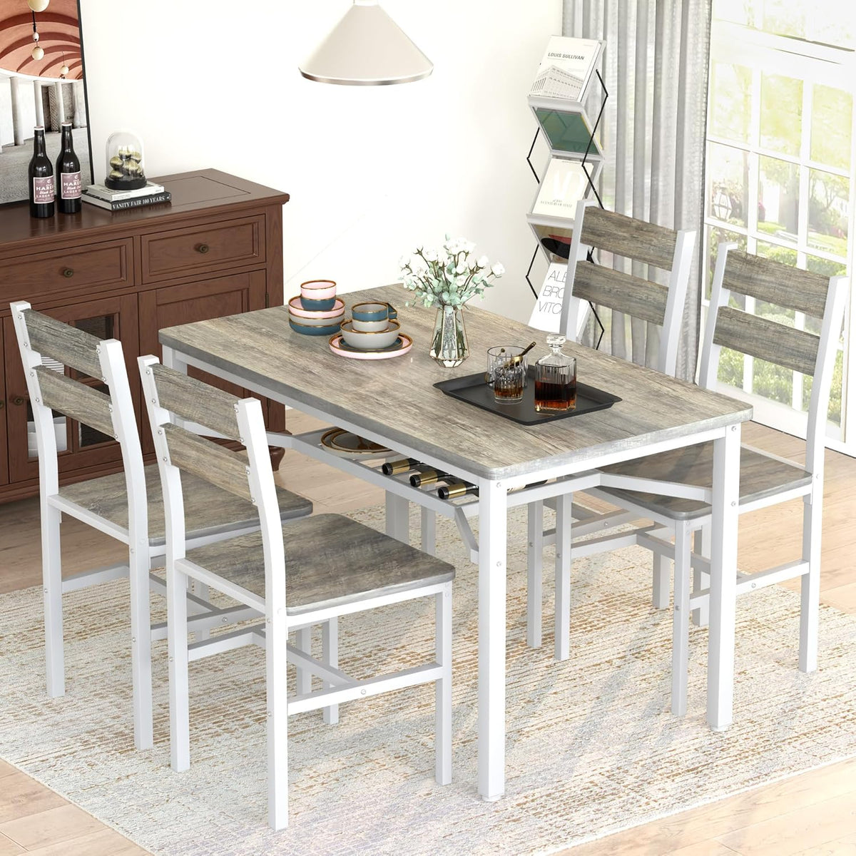 MOOSENG 5-Piece Dining Table Set with Wine Rack, Wood Kitchen Table and Set of 4 Chairs, Space-Saving Farmhouse Dinette Set for Breakfast Nook, Apartment Brown