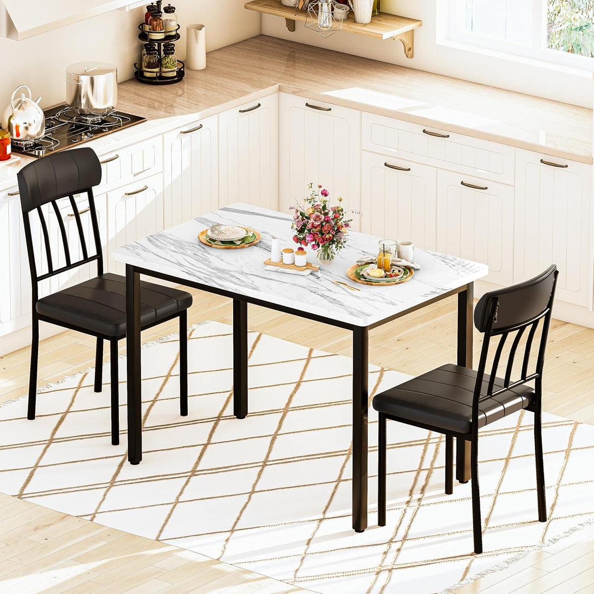 MOOSENG 3-Piece Dining Table Set for 2, Modern Style Kitchen Table and 2 Chairs, Compact Industrial Breakfast Nook Set for Small Spaces, Apartments, Living Room