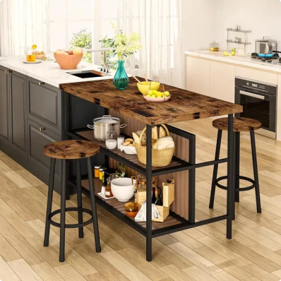 LinkRomat Kitchen Island with Stools & Storage, 3 Piece Modern Bar Table Set for 2, Small Kitchen Table for Apartment, Home Bar, Dining Room,