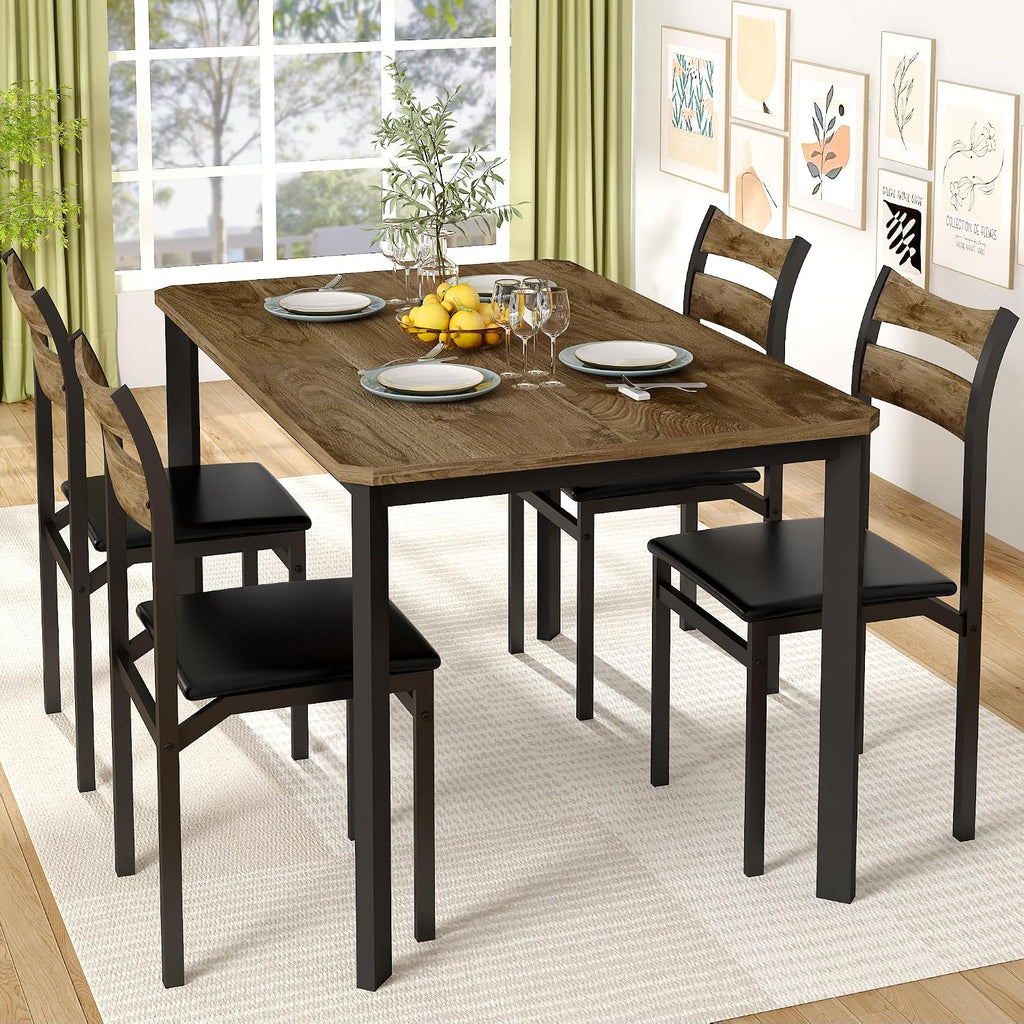 Cvortll Rectangle Wooden Dining Table Set for 4 with PU Leather Chairs, Modern Kitchen Table Set, Brown