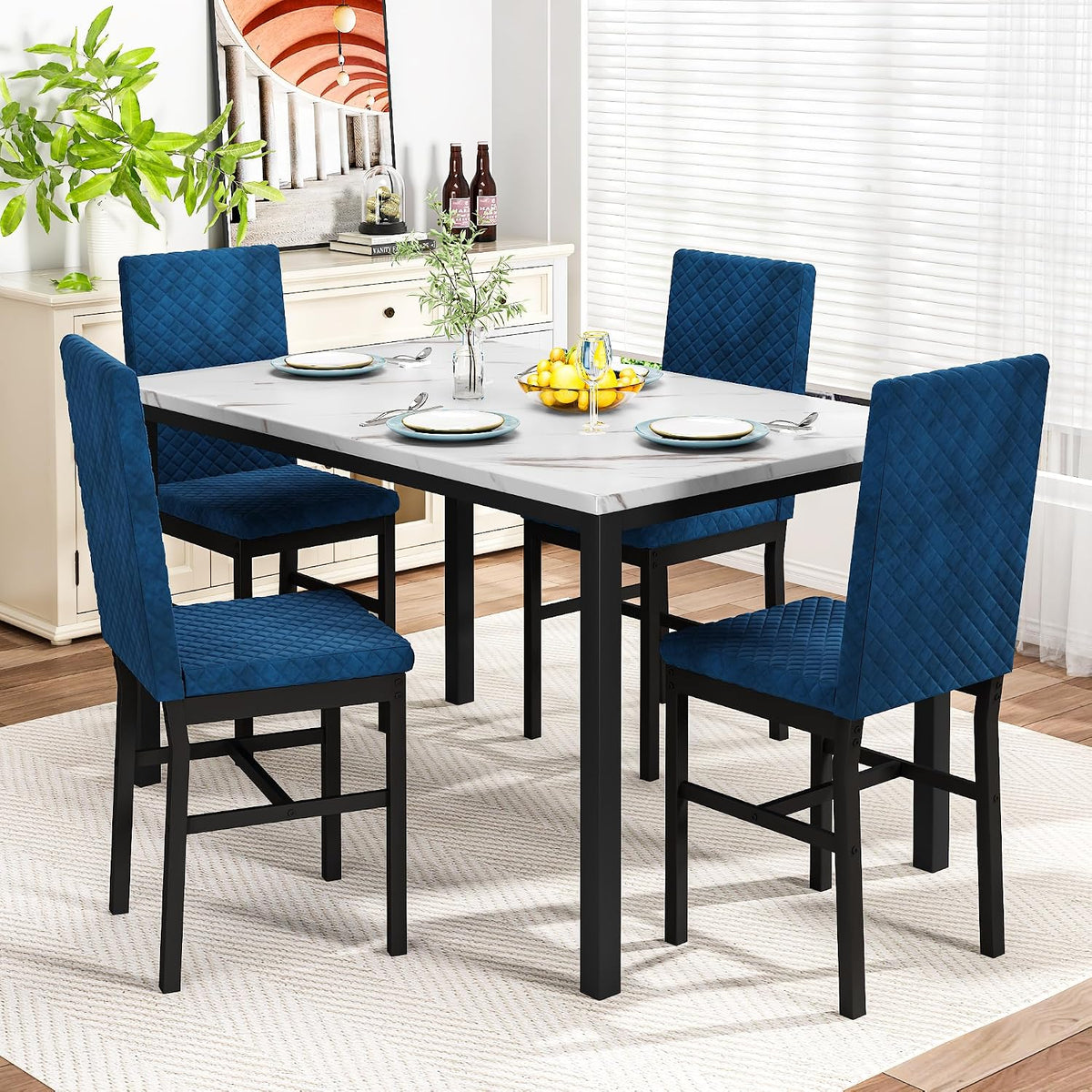 Cvortll 5 Piece Dining Table Set, Kitchen Table and Chairs Set for 4 with Faux Marble and 4 Velvet Upholstered Dining Chairs for Home, Restaurant, Black & Black