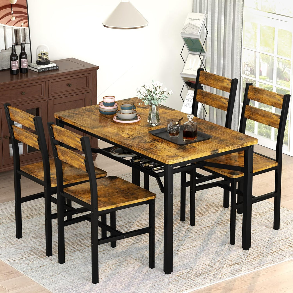 MOOSENG 5-Piece Dining Table Set with Wine Rack, Wood Kitchen Table and Set of 4 Chairs, Space-Saving Farmhouse Dinette Set for Breakfast Nook, Apartment Brown