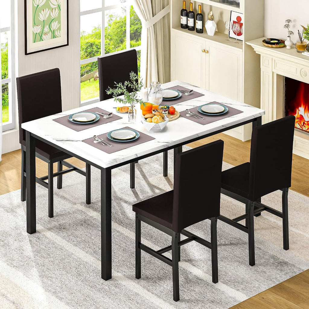 Cvortll Dining Room Table Set Modern Dining Table Set for 4 Kitchen Table and Chairs Faux Marble Dinner Table & 4 PU Leather Upholstered Chairs Dinning Table Sets for 4 Kitchen & Dining Room Sets
