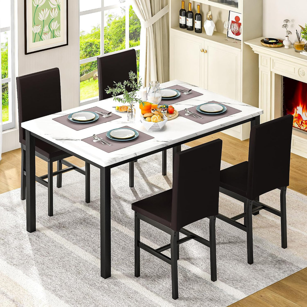 Cvortll Dining Room Table Set Modern Dining Table Set for 4 Kitchen Table and Chairs Faux Marble Dinner Table & 4 PU Leather Upholstered Chairs Dinning Table Sets for 4 Kitchen & Dining Room Sets
