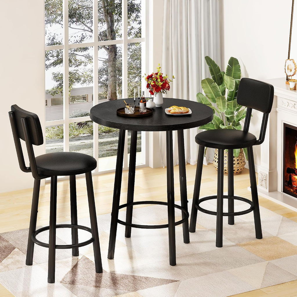 MOOSENG 3 Piece Counter Height Dining Table Set for 2, Bar Table Set of 2 Bistro Kitchen Table Sets with 2 PU Leather Bar Stools, Bar Table Set for Breakfast Nook Small Space