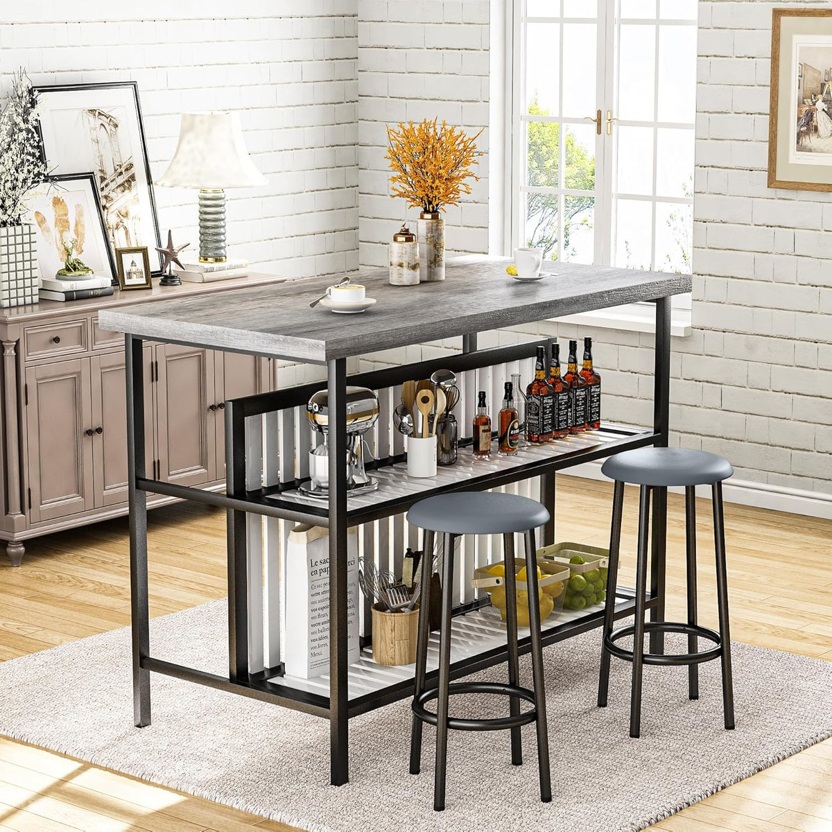 MOOSENG 3-Piece Kitchen Island Set with Storage, Wooden Bar Table and 2 Stools, Industrial Modern Counter Height Dining Table Sets for Small Spaces, Dining Room