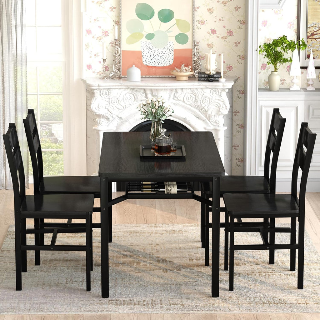 MOOSENG 5-Piece Dining Table Set with Wine Rack, Wood Kitchen Table and Set of 4 Chairs, Space-Saving Farmhouse Dinette Set for Breakfast Nook, Apartment Brown