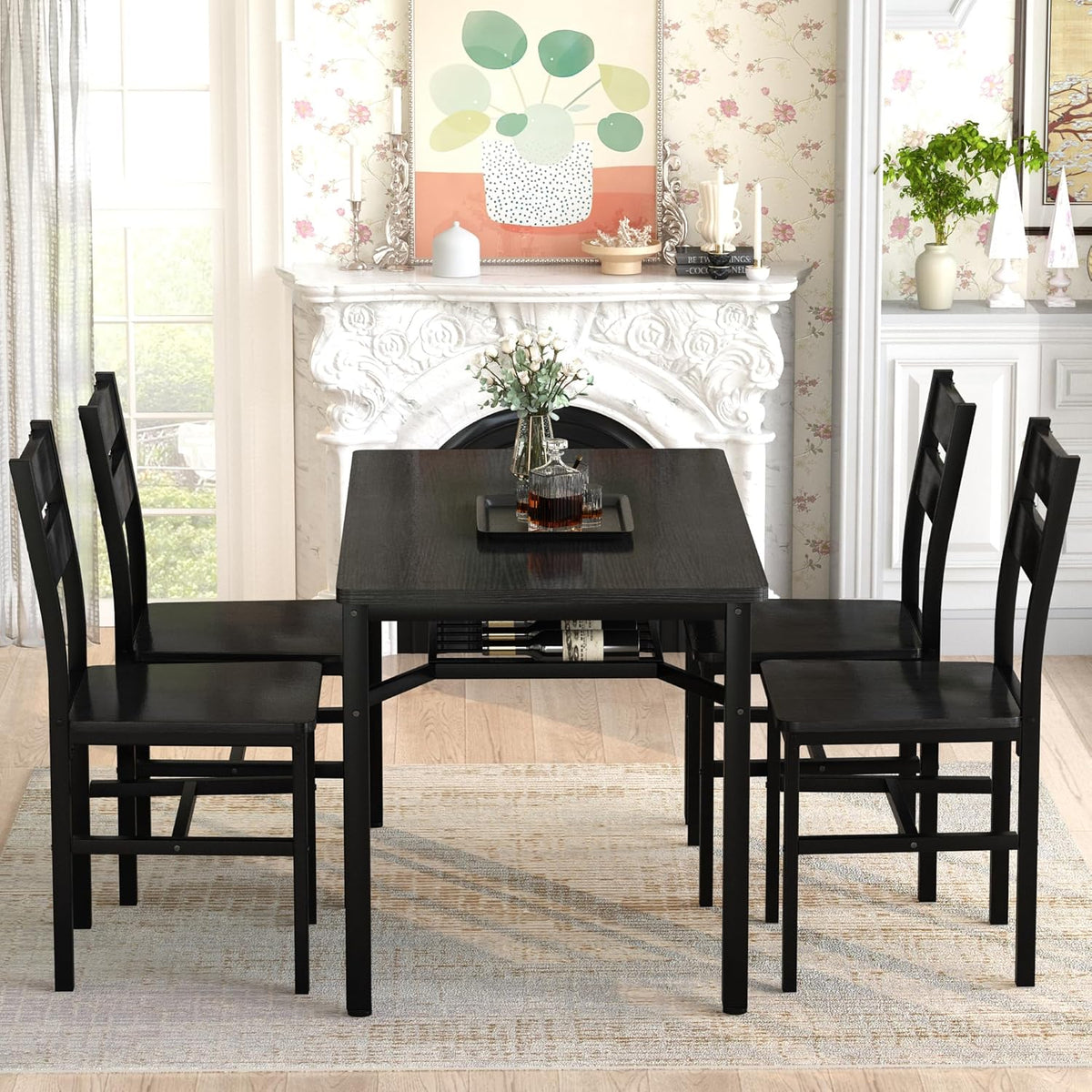 MOOSENG 5-Piece Dining Table Set with Wine Rack, Wood Kitchen Table and Set of 4 Chairs, Space-Saving Farmhouse Dinette Set for Breakfast Nook, Apartment Brown