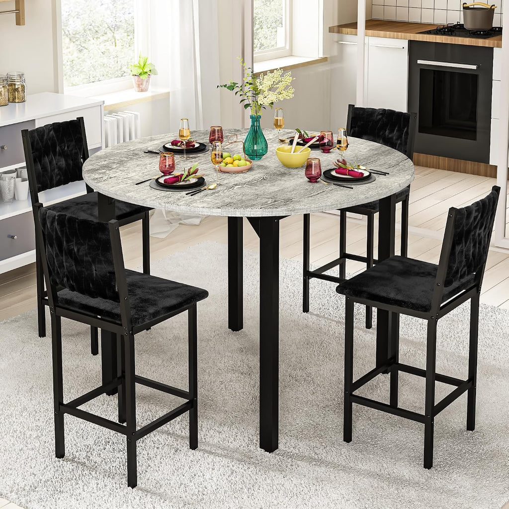 MOOSENG 5 Piece Round Dining Table Set for 4, Counter Height Dining Set with 4 Velvet Upholstered Chairs, Modern Kitchen Table Set, Round Dining Table & Chair for Small Spaces