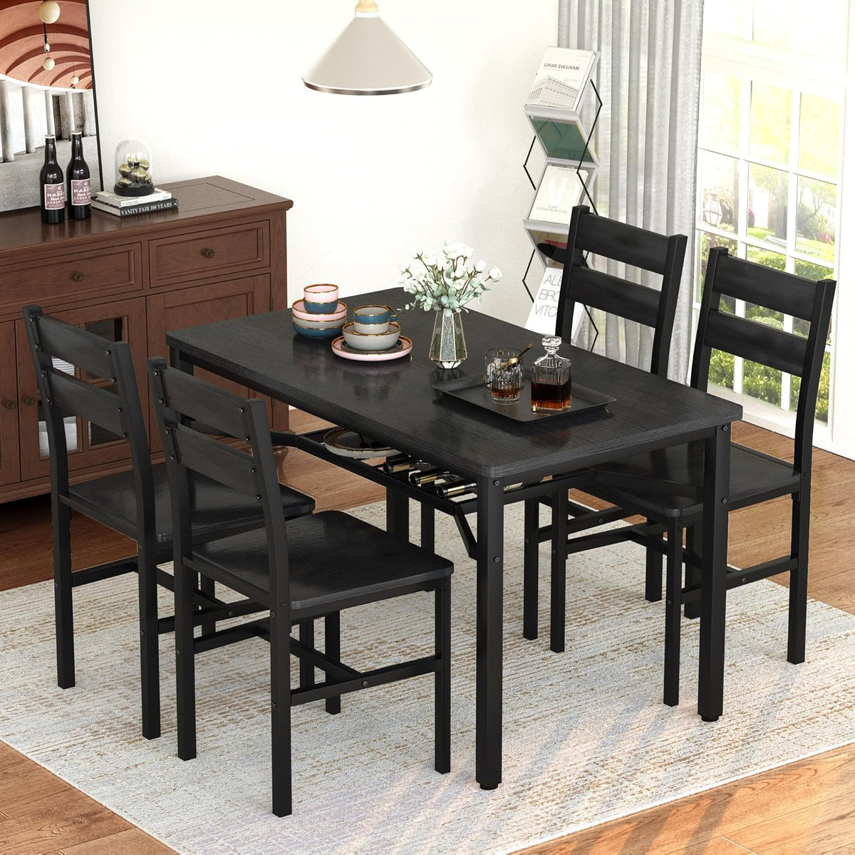 MOOSENG 5-Piece Dining Table Set with Wine Rack, Wood Kitchen Table and Set of 4 Chairs, Space-Saving Farmhouse Dinette Set for Breakfast Nook, Apartment Brown