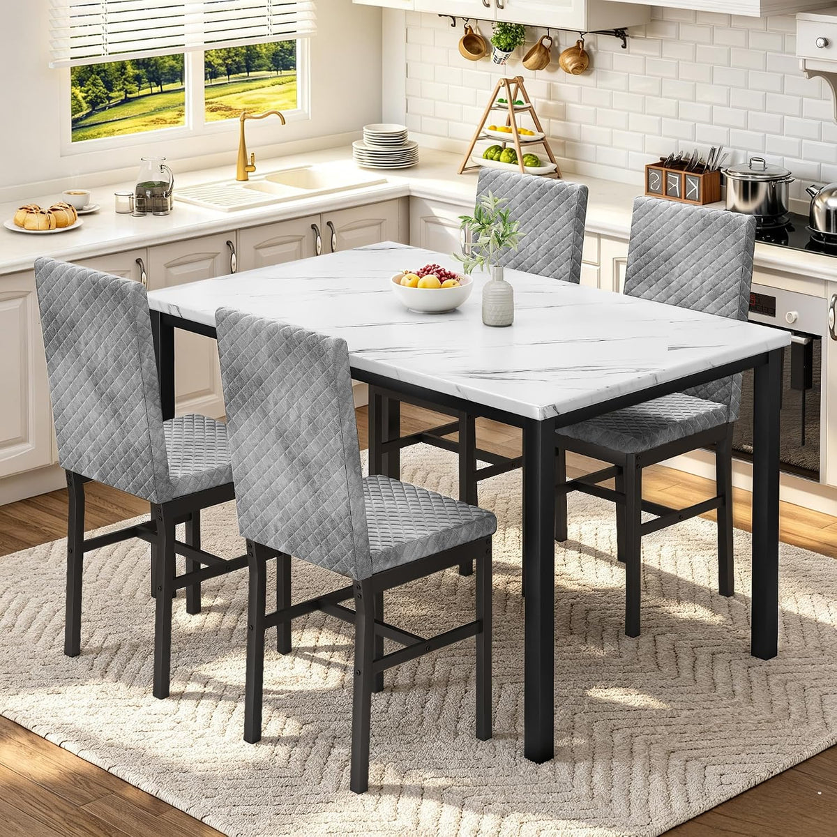 Cvortll 5 Piece Dining Table Set, Kitchen Table and Chairs Set for 4 with Faux Marble and 4 Velvet Upholstered Dining Chairs for Home, Restaurant, Black & Black
