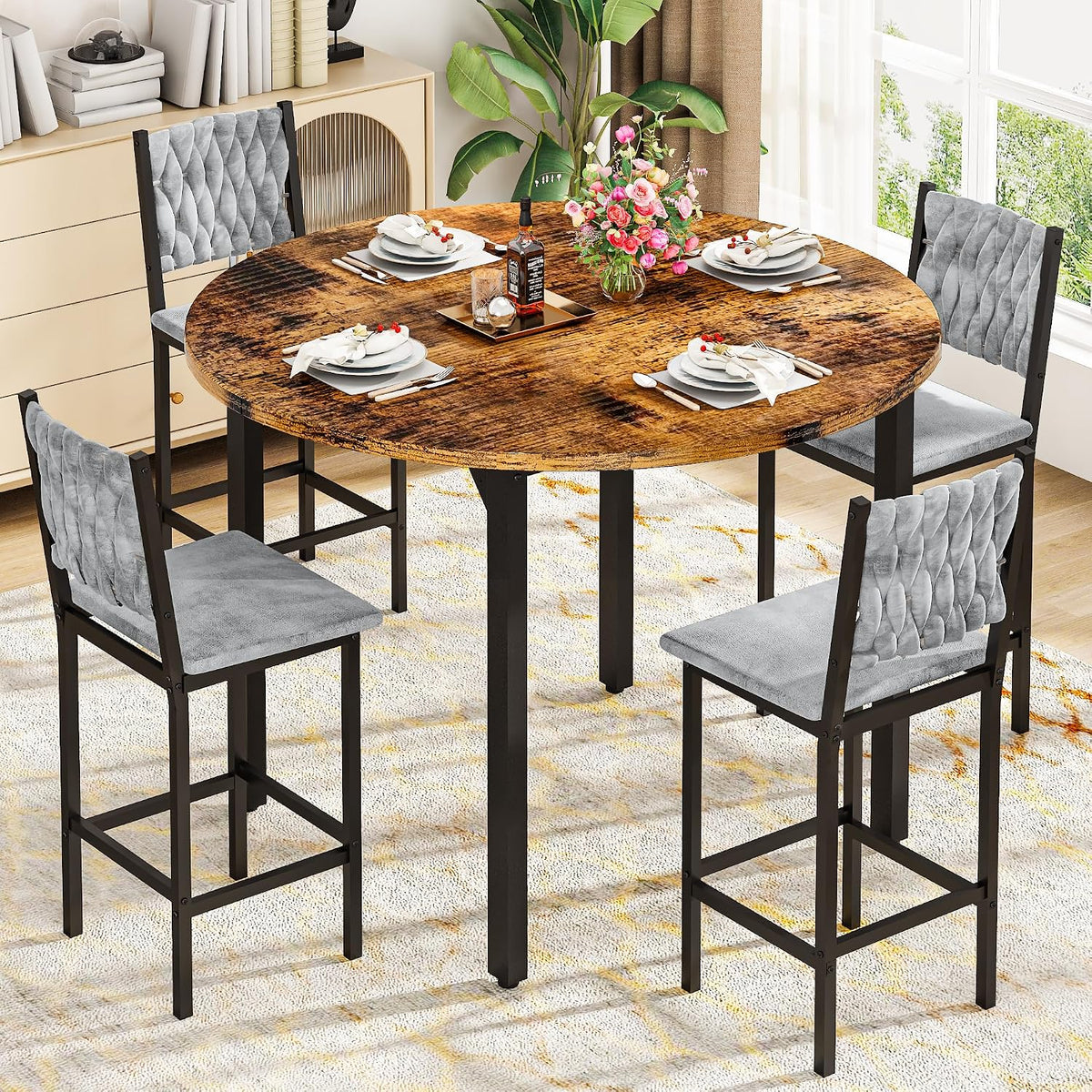 MOOSENG 5 Piece Round Dining Table Set for 4, Counter Height Dining Set with 4 Velvet Upholstered Chairs, Modern Kitchen Table Set, Round Dining Table & Chair for Small Spaces