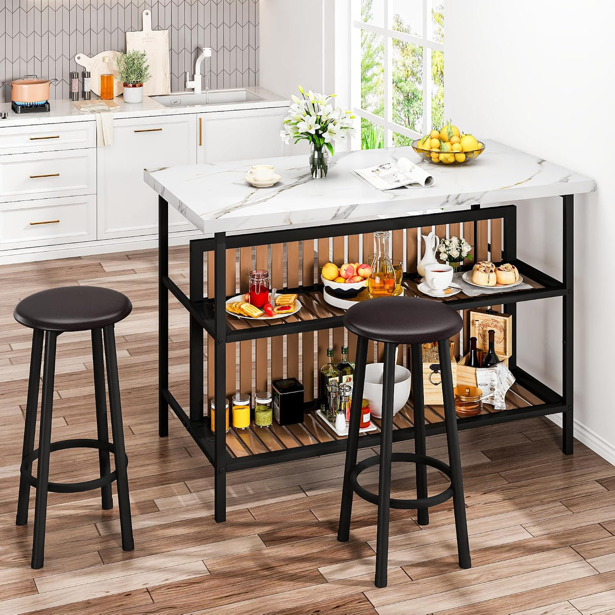 Recaceik Kitchen Island with Seating, Wooden Counter Height Table