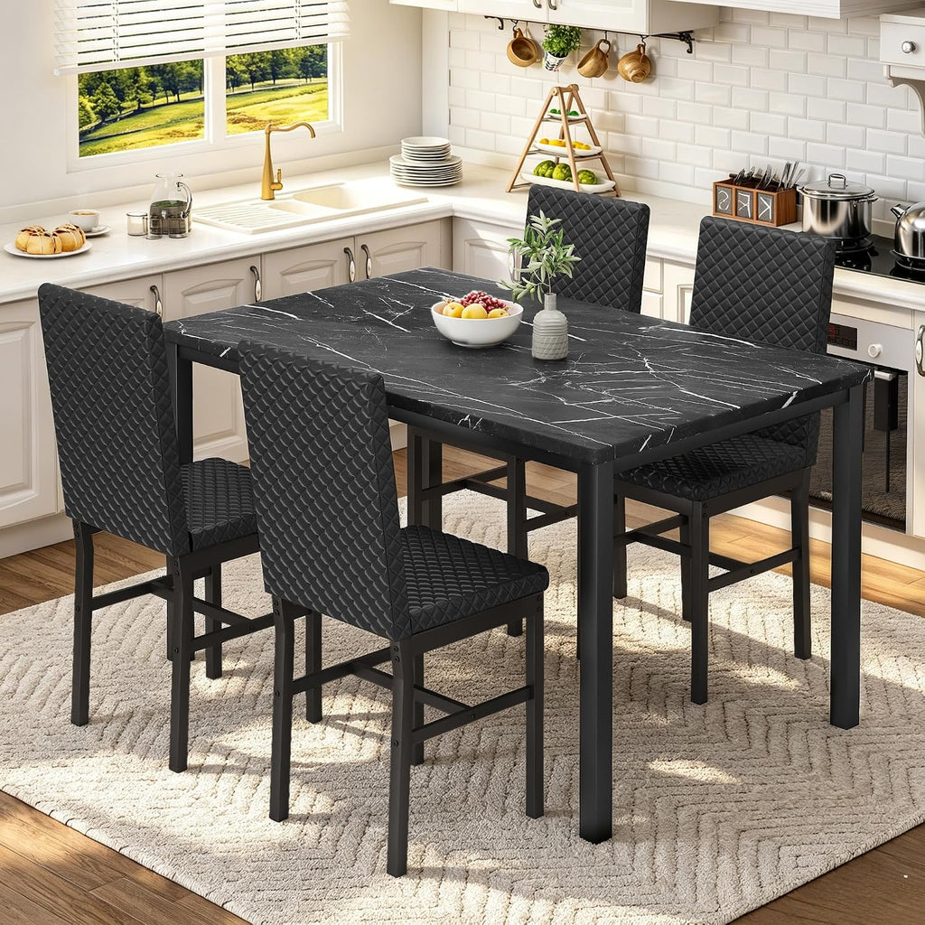 Cvortll 5 Piece Dining Table Set, Kitchen Table and Chairs Set for 4 with Faux Marble and 4 Velvet Upholstered Dining Chairs for Home, Restaurant, Black & Black