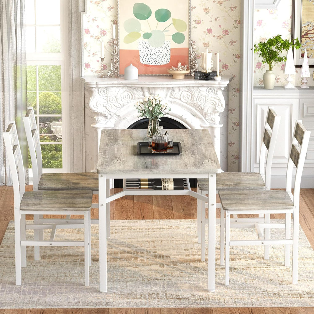 MOOSENG 5-Piece Dining Table Set with Wine Rack, Wood Kitchen Table and Set of 4 Chairs, Space-Saving Farmhouse Dinette Set for Breakfast Nook, Apartment Brown