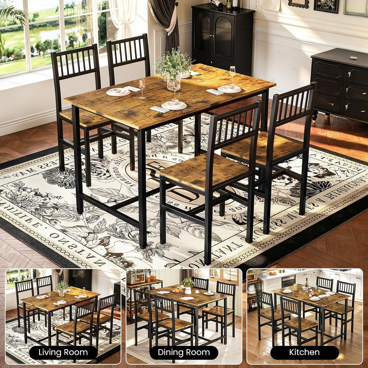 Cvortll Dining Table and Chairs Set for 4, 30"H Industrial Kitchen Table and Chairs with Metal Frame