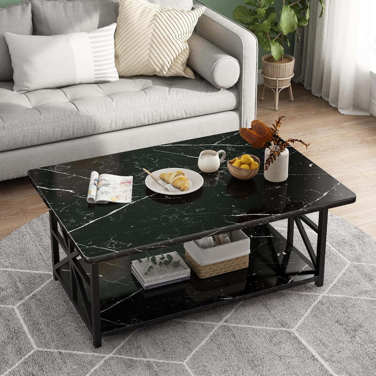 MOOSENG Coffee Table with Storage Shelf, 2-Tier Industrial Living Room Table Round Corners , Faux Marble Center Table with Metal Frame, Rustic Cocktail Table for Living Room