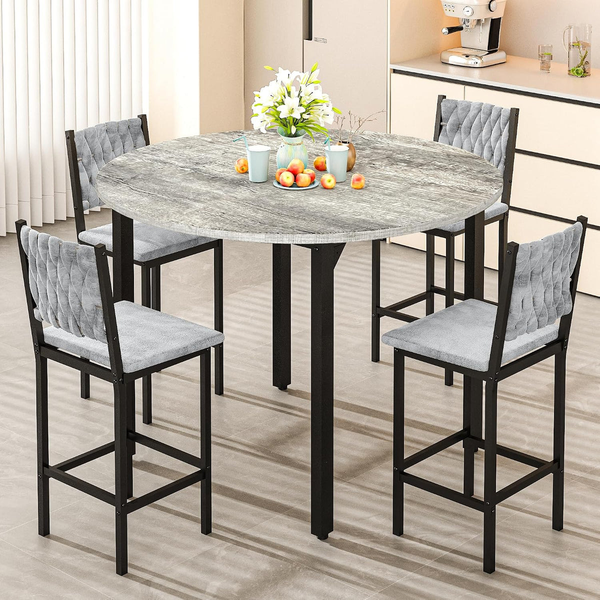 MOOSENG 5 Piece Round Dining Table Set for 4, Counter Height Dining Set with 4 Velvet Upholstered Chairs, Modern Kitchen Table Set, Round Dining Table & Chair for Small Spaces