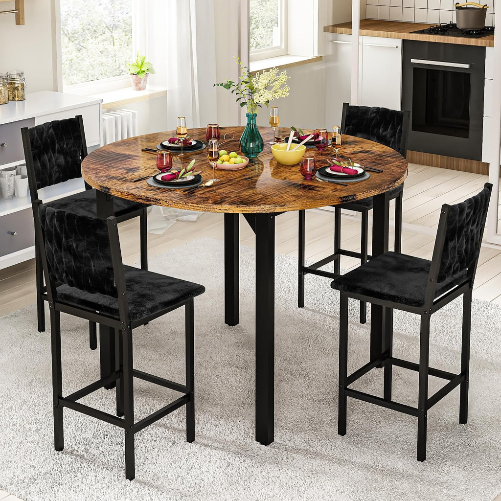 MOOSENG 5 Piece Round Dining Table Set for 4, Counter Height Dining Set with 4 Velvet Upholstered Chairs, Modern Kitchen Table Set, Round Dining Table & Chair for Small Spaces