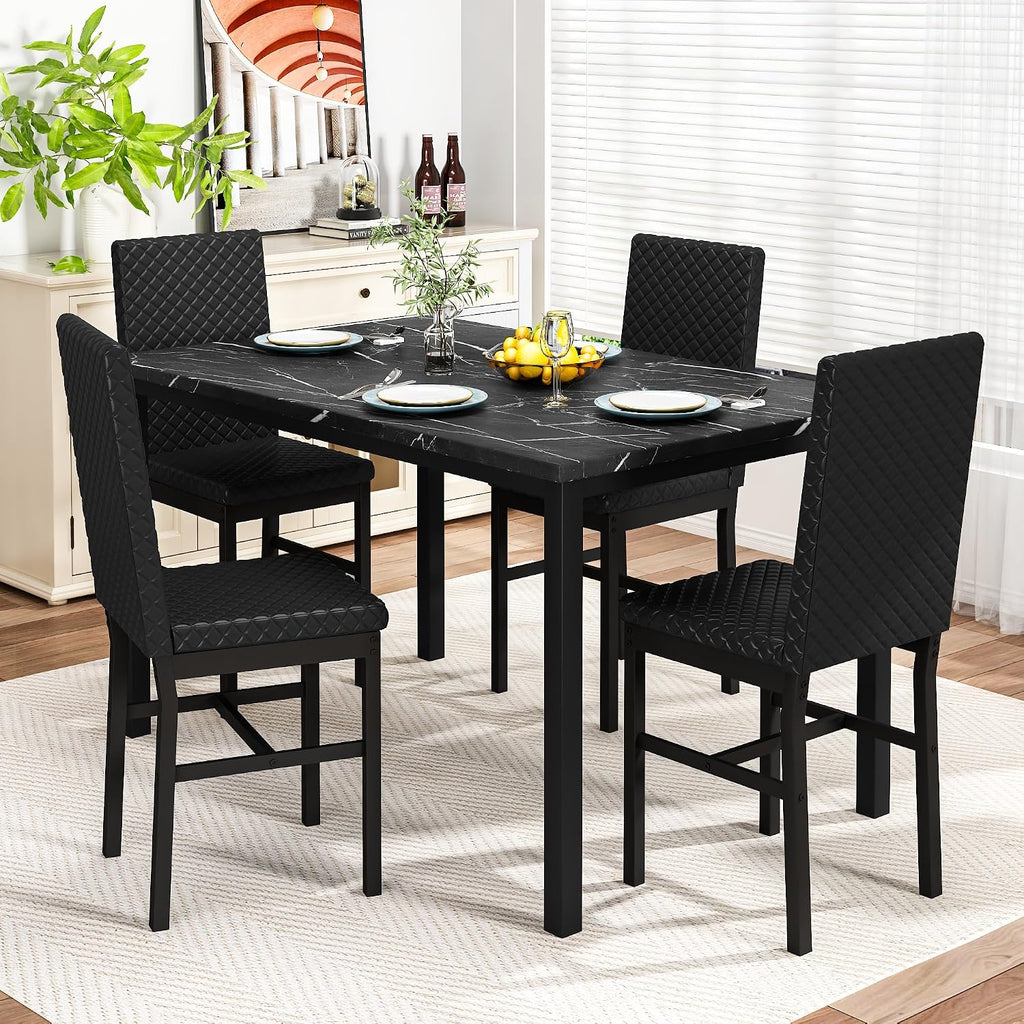 Cvortll 5 Piece Dining Table Set, Kitchen Table and Chairs Set for 4 with Faux Marble and 4 Velvet Upholstered Dining Chairs for Home, Restaurant, Black & Black