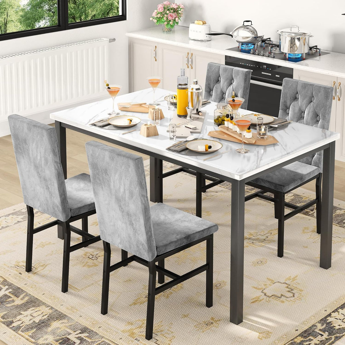 MOOSENG Small Dining Table Set for 4, 5 Pieces Dining Room Sets with Faux Marble Table & Velvet Chairs, Modern Kitchen Table Set with Chair for 4