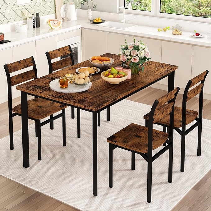 Cvortll 5 Piece Dining Table Set,47'' Table & 4 Ergonomic Chairs for Farmhouse & Kitchens or Apartments,Easy-Clean,Space-Saving,Rustic Brown