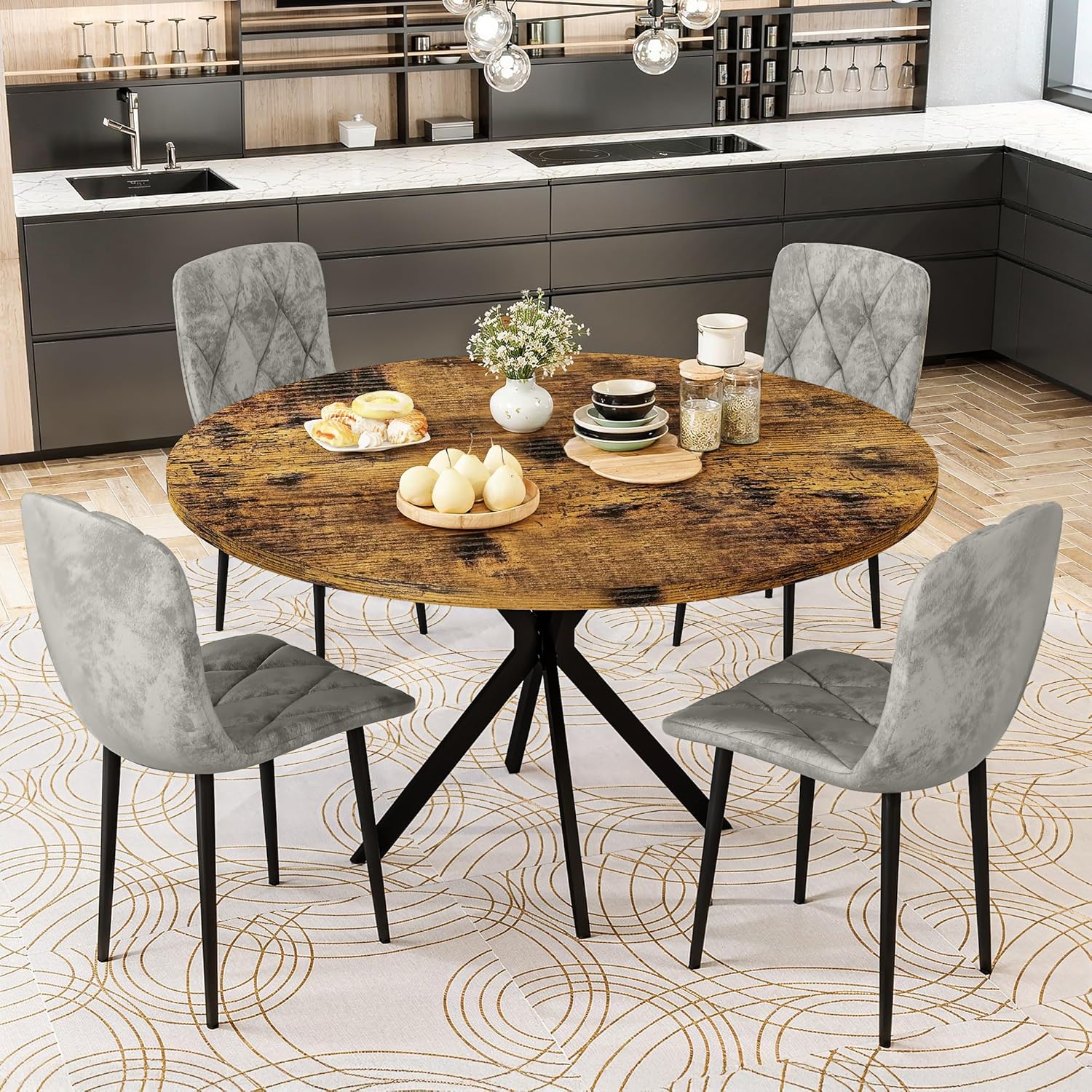 LinkRomat Round Kitchen Table and Chairs Set, 5-Piece Dining Room Table Set with Faux Marble Top & 4 Luxury Diamond Tufted Chairs, Used in Kitchens and Dining