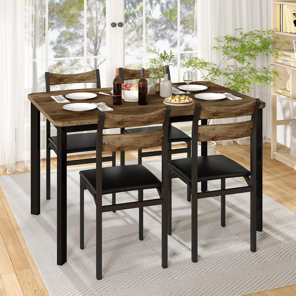 Cvortll Rectangle Wooden Dining Table Set for 4 with PU Leather Chairs, Modern Kitchen Table Set, Brown