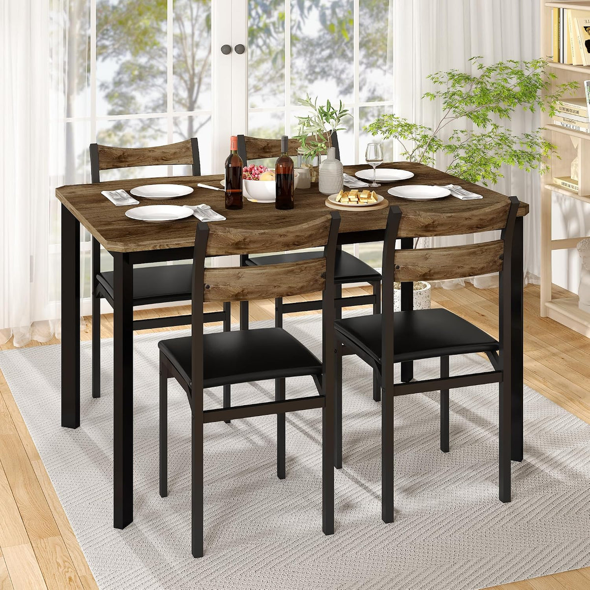 Cvortll Rectangle Wooden Dining Table Set for 4 with PU Leather Chairs, Modern Kitchen Table Set, Brown