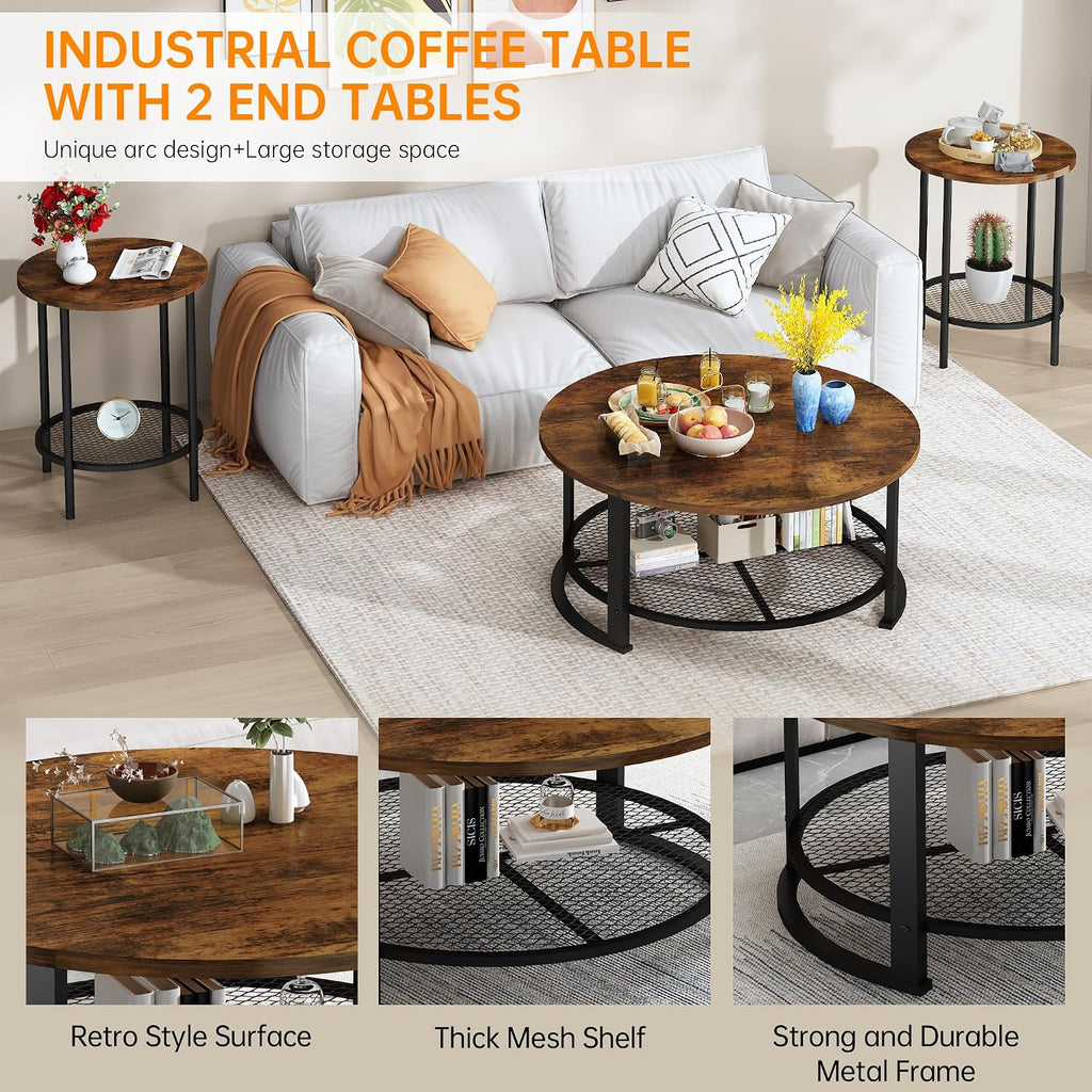 Cvortll Coffee Table Set, Coffee Table & Two End Side Table, Modern 3-Piece Living Room Table Set