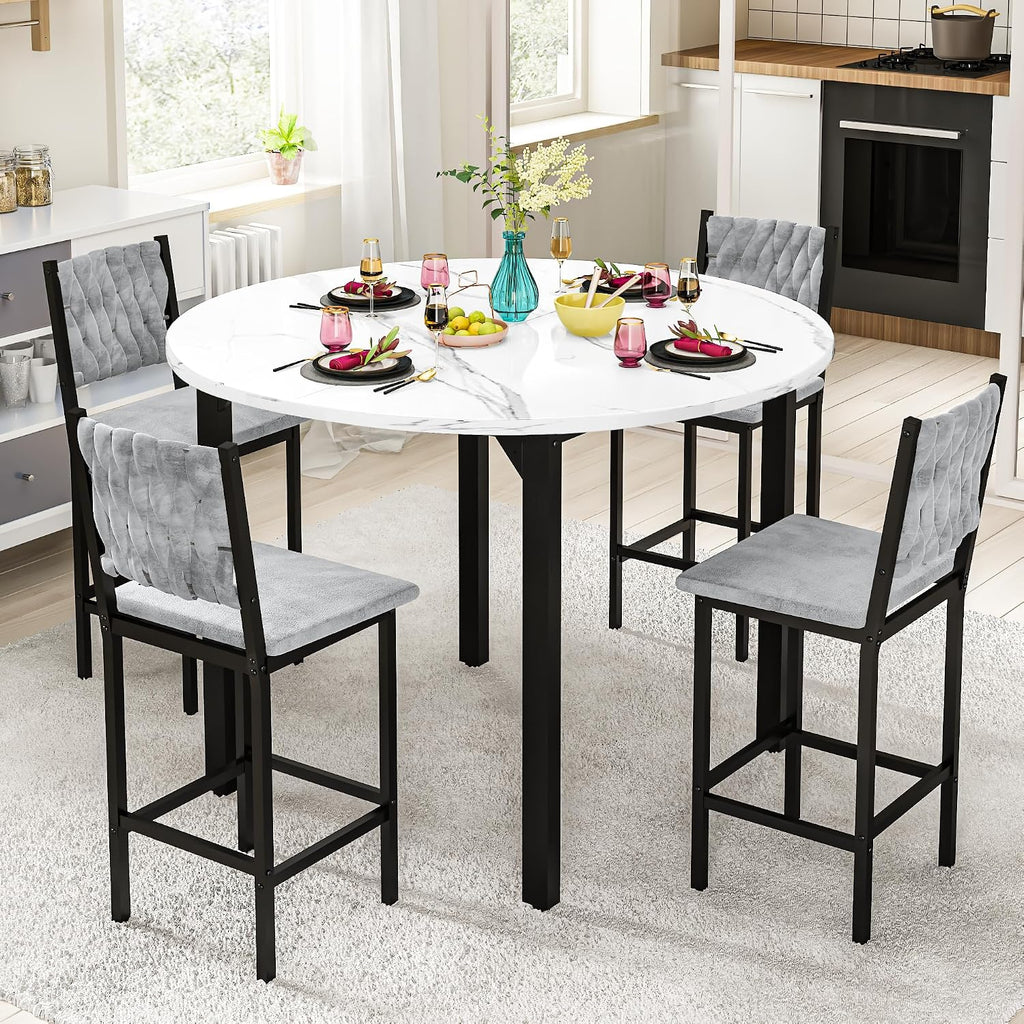 MOOSENG 5 Piece Round Dining Table Set for 4, Counter Height Dining Set with 4 Velvet Upholstered Chairs, Modern Kitchen Table Set, Round Dining Table & Chair for Small Spaces
