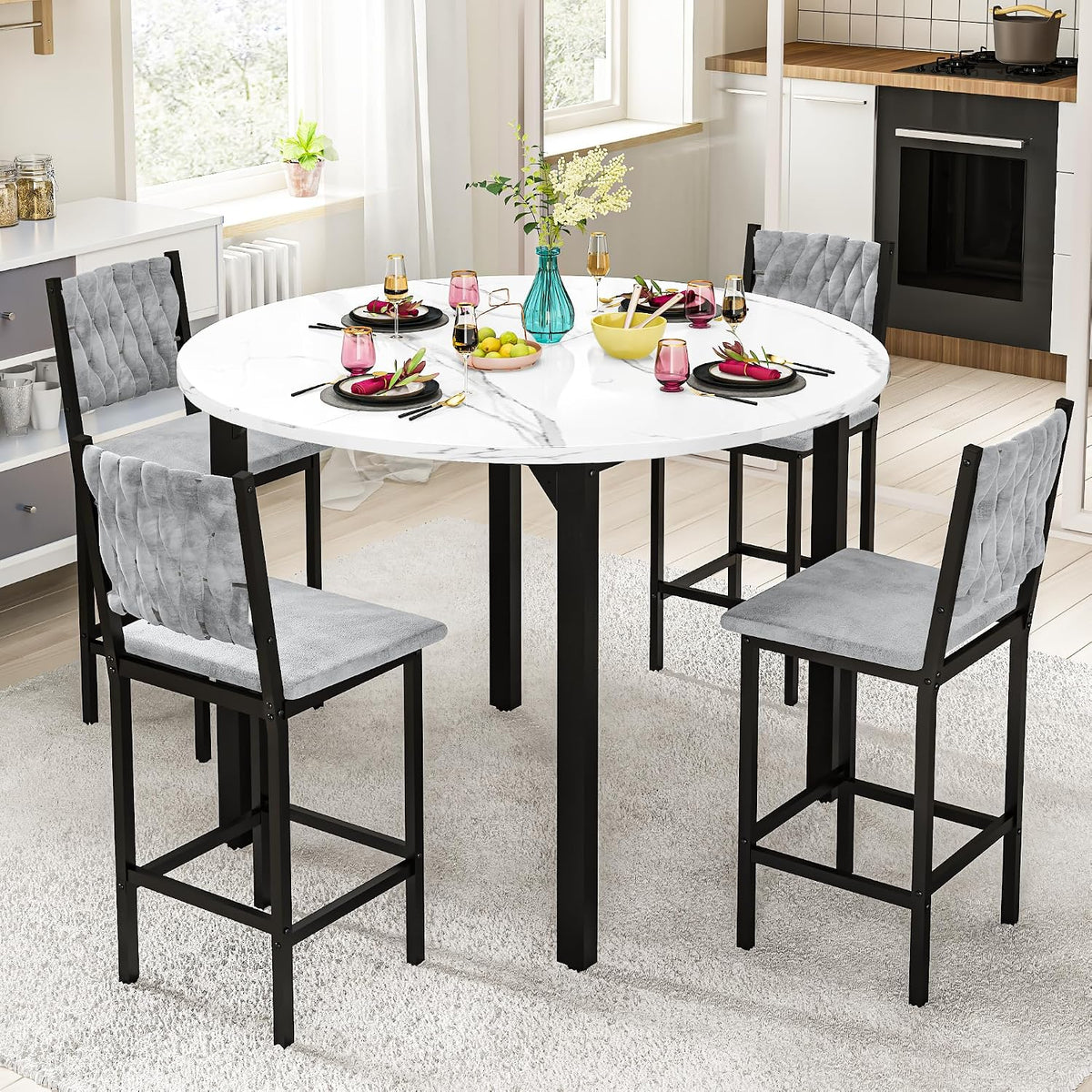 MOOSENG 5 Piece Round Dining Table Set for 4, Counter Height Dining Set with 4 Velvet Upholstered Chairs, Modern Kitchen Table Set, Round Dining Table & Chair for Small Spaces
