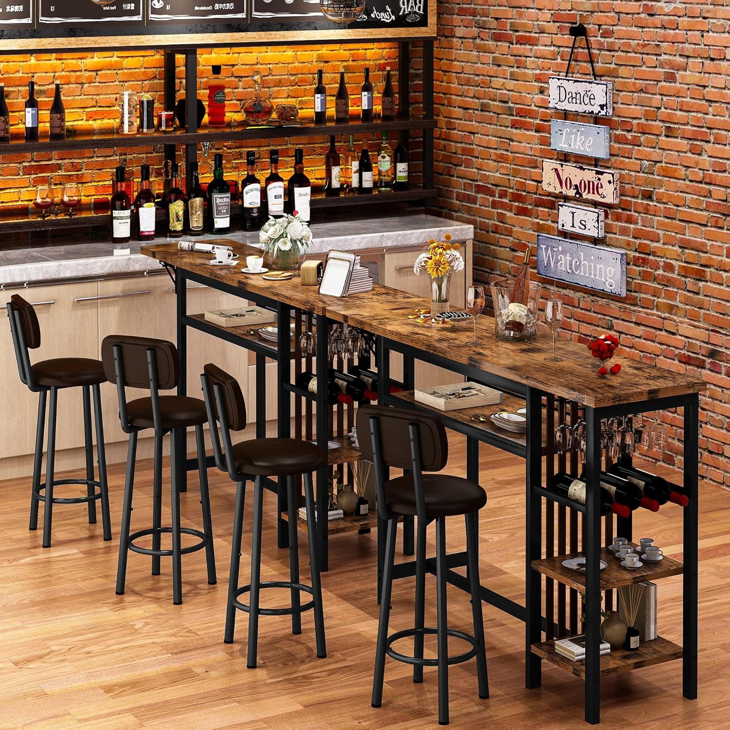 LinkRomat Bar Table Set, Modern Kitchen Dining Table with 4 Storage Shelves and 2 PU Back Stools for Kitchen and Breakfast Nook, Expandable 59 Inch