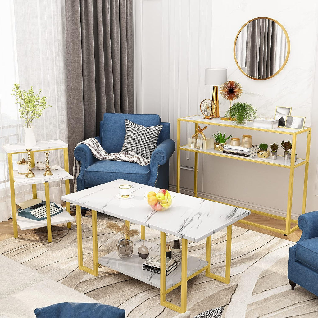 Cvortll Faux Marble Coffee Table With Metal Frame,Coffee Tables for Living Room With Storage,Durable and Dirt Resistant, Easy to Clean,White