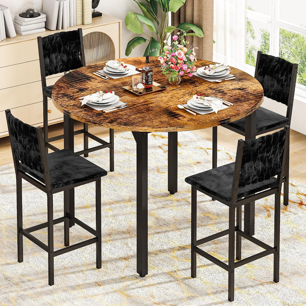 MOOSENG 5 Piece Round Dining Table Set for 4, Counter Height Dining Set with 4 Velvet Upholstered Chairs, Modern Kitchen Table Set, Round Dining Table & Chair for Small Spaces